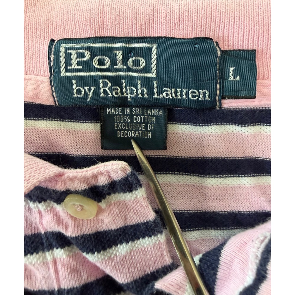 Polo Ralph Lauren Men L Pink Navy Blue Striped Short Sleeve Polo Shirt Cotton - Picture 4 of 9